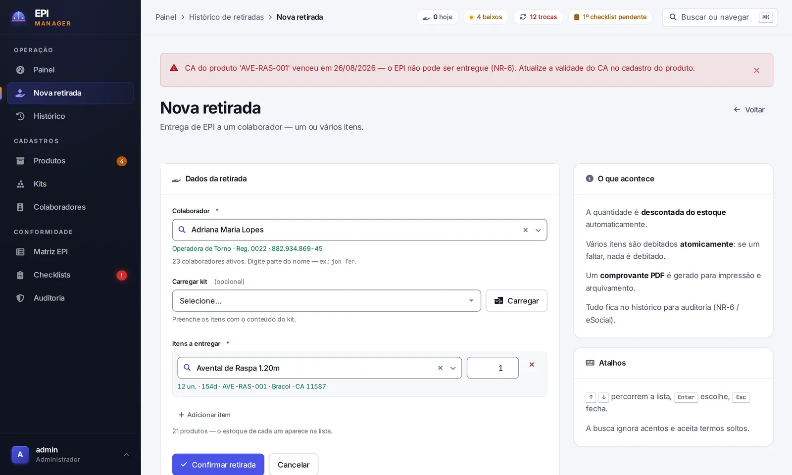 Tela Nova retirada com o aviso em vermelho: CA do produto AVE-RAS-001 venceu em 26/08/2026 — o EPI não pode ser entregue (NR-6). Atualize a validade do CA no cadastro do produto