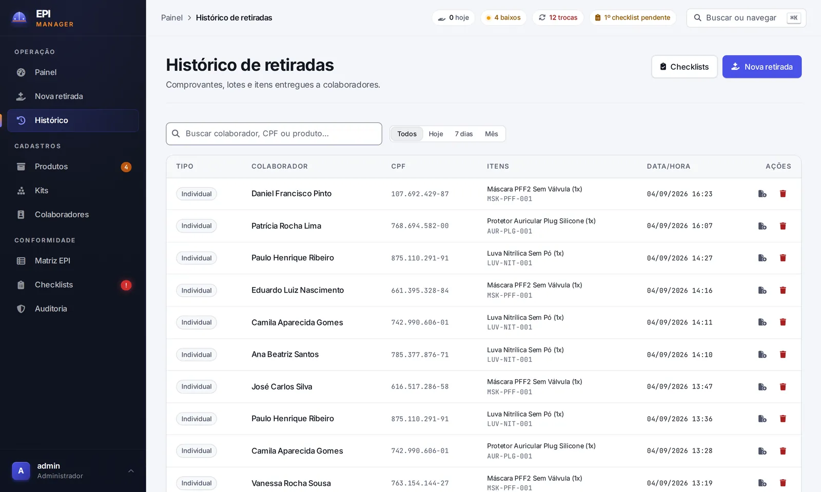 Histórico de retiradas com filtro por período, colaborador e produto, e o botão de gerar comprovante