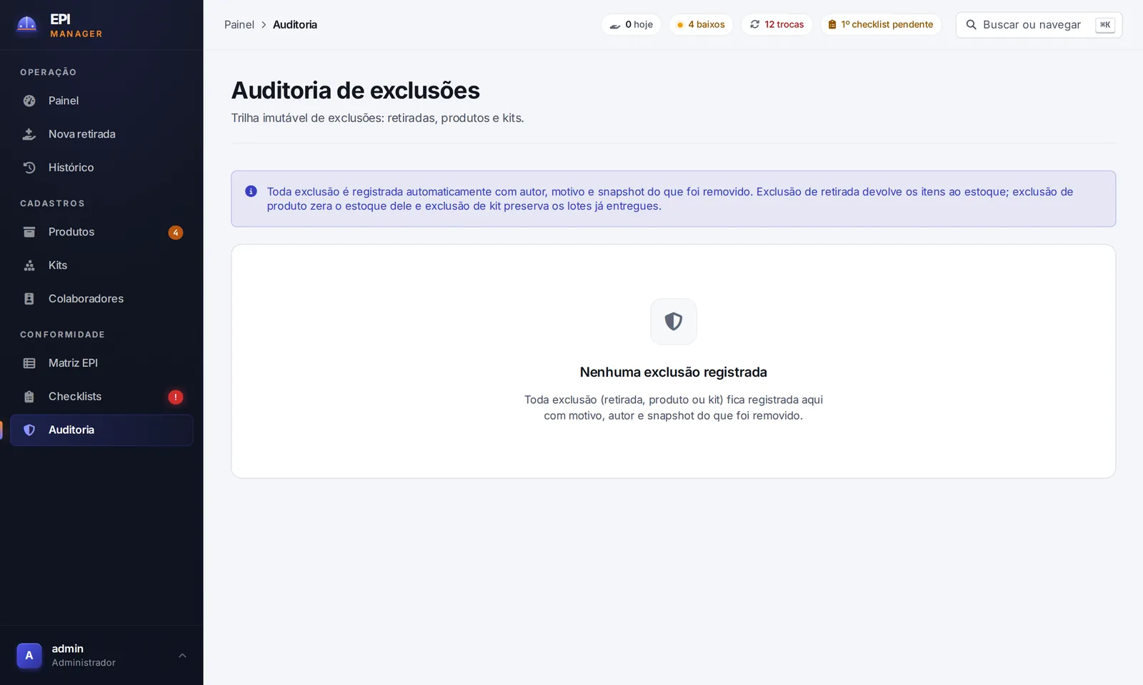 Tela Auditoria do EPI Manager com a trilha de ações por usuário
