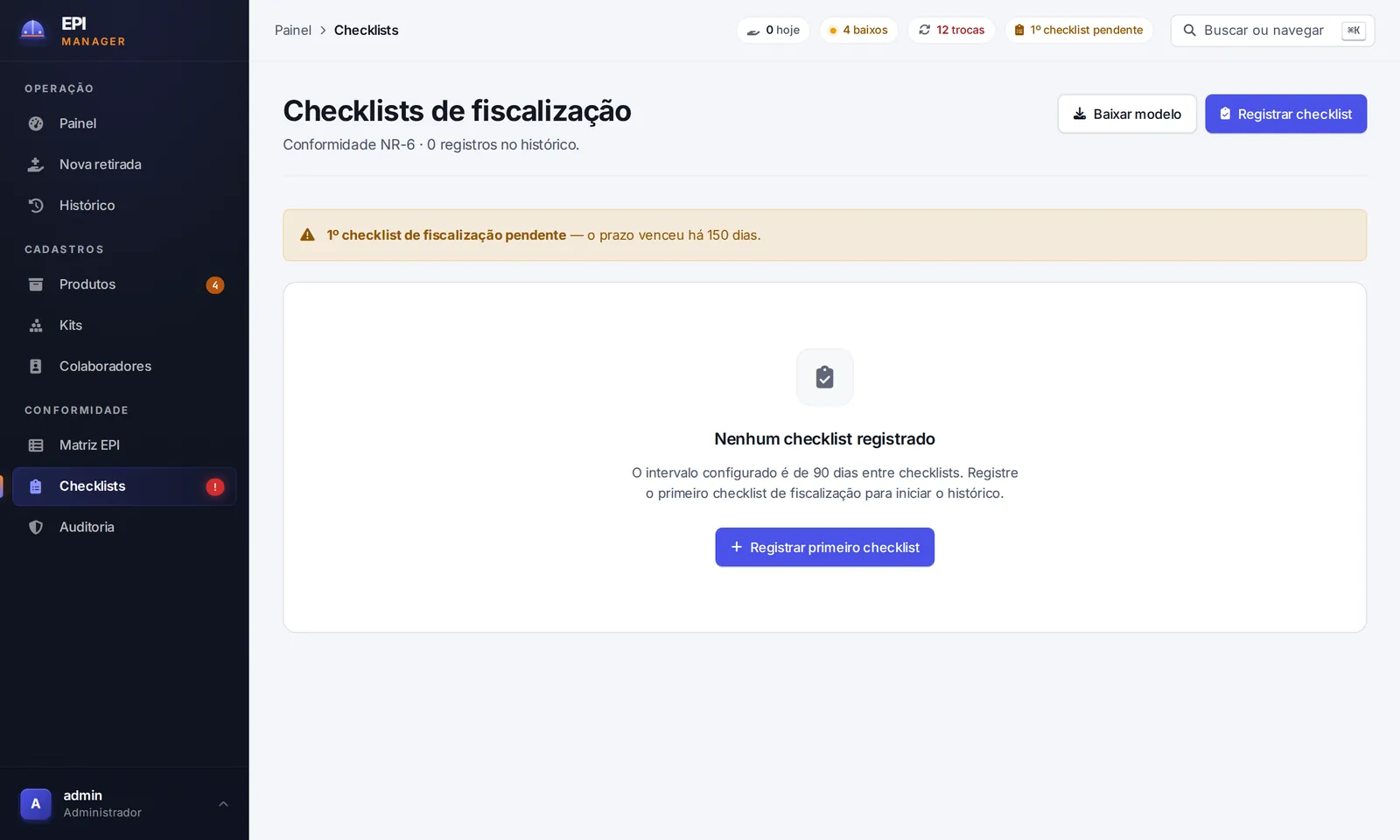 Tela Checklists de fiscalização com o aviso: primeiro checklist de fiscalização pendente, o prazo venceu há 150 dias
