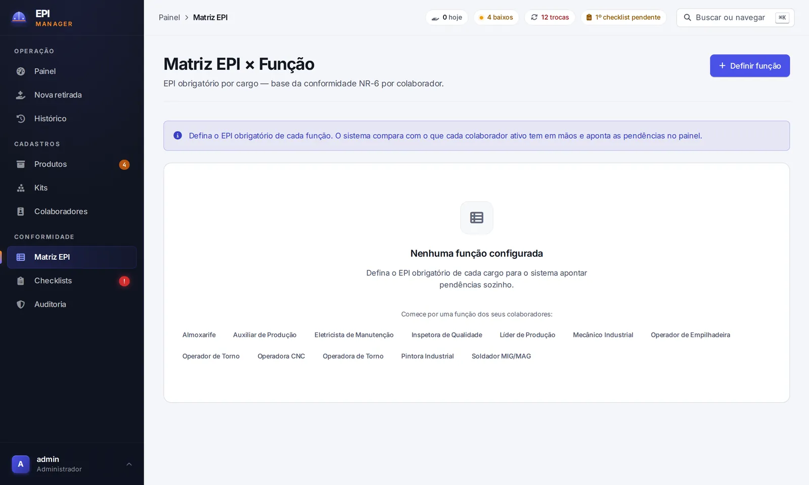 Tela Matriz EPI × Função do EPI Manager, com a lista de funções dos colaboradores cadastrados para começar a definir o EPI obrigatório de cada uma